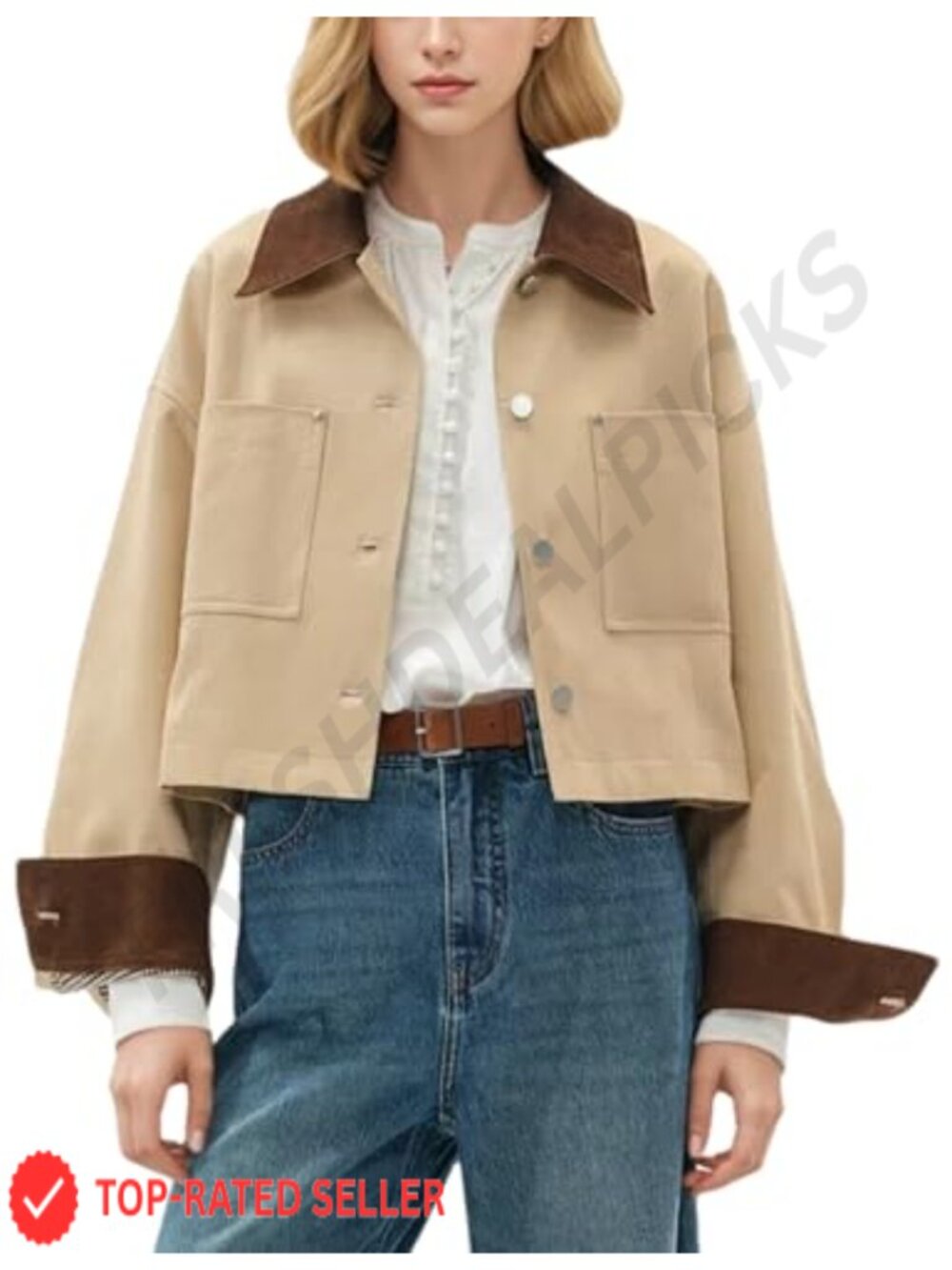 Womens Cropped Barn Jacket Contrast Corduroy Collar Long Sleeve Button Utility